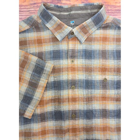 Kuhl Mens Linen Blend Brown-Blue Short Sleeve Plaid Shirt XL - Picture 4 of 10